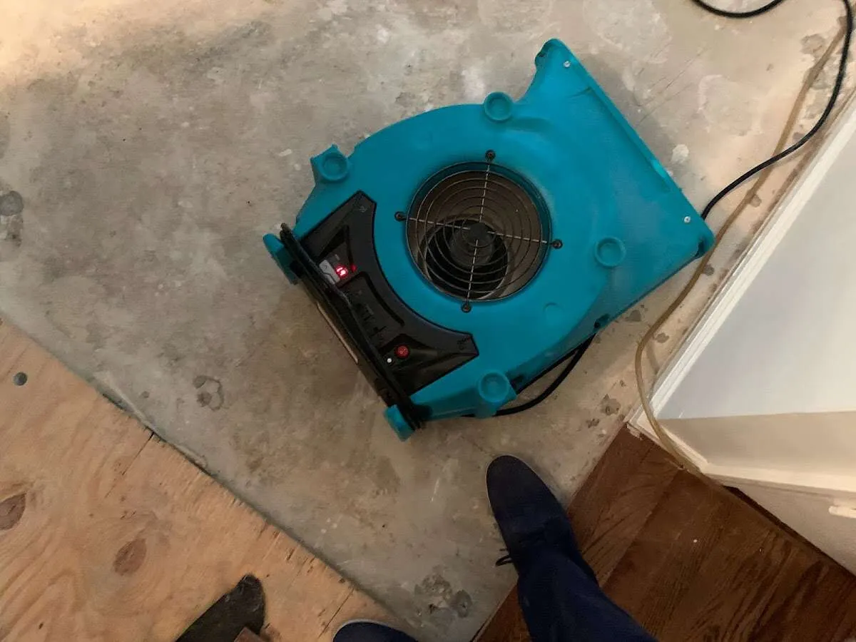 Air mover drying subfloor during Commercial Water Damage Restoration in Parole